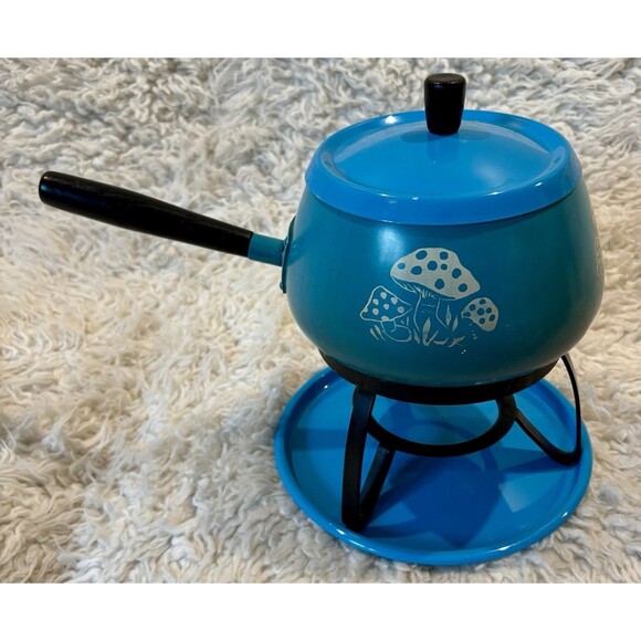 VINTAGE Midcentury Japan 4 Pc Blue Mushroom Fondue Set - 2Qt Pot/Lid/Stand/Tray - Picture 4 of 8